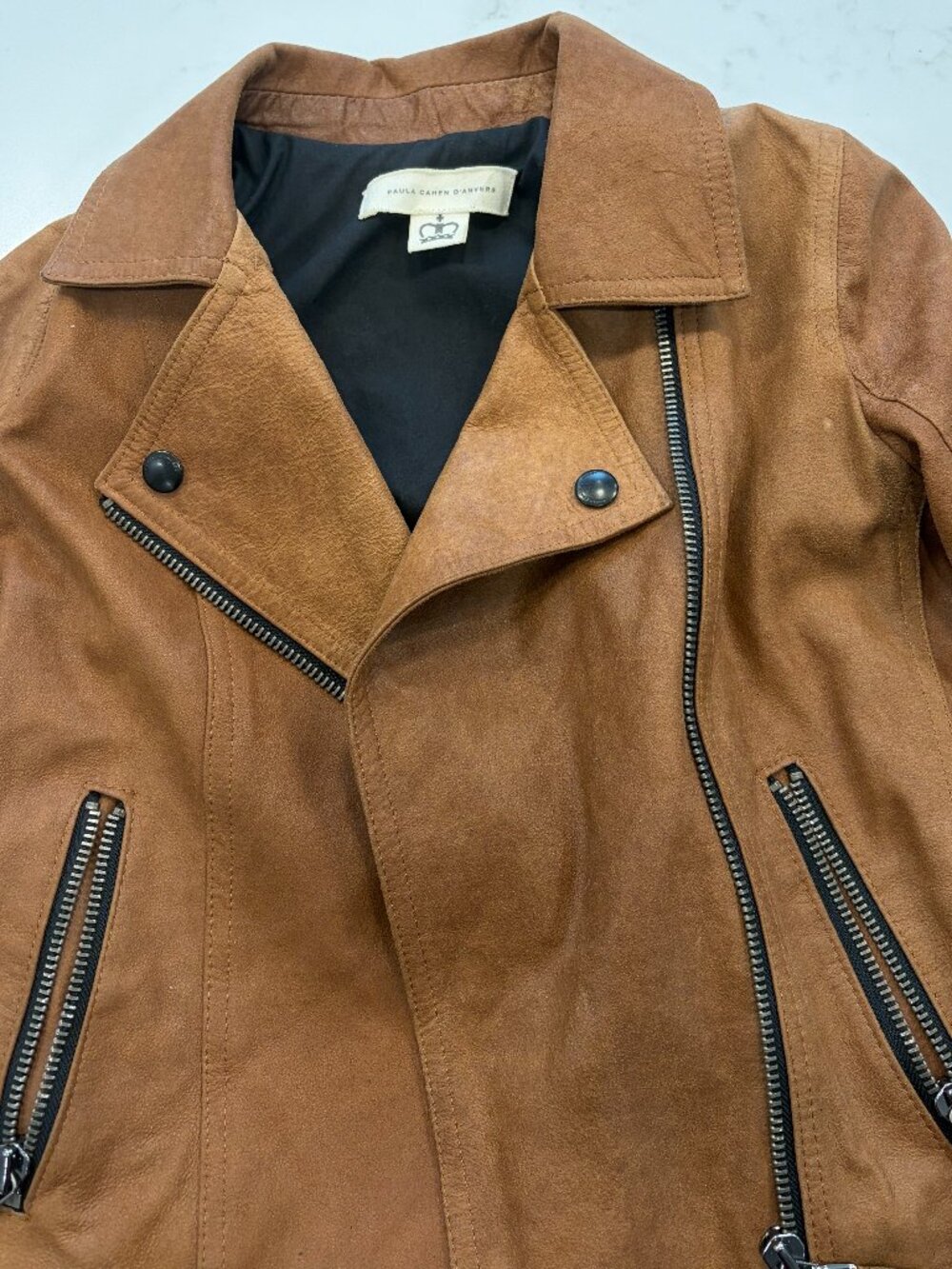 Paula Cahen D'Anvers Genuine Sheep Leather Moto Jacket Cognac Tan